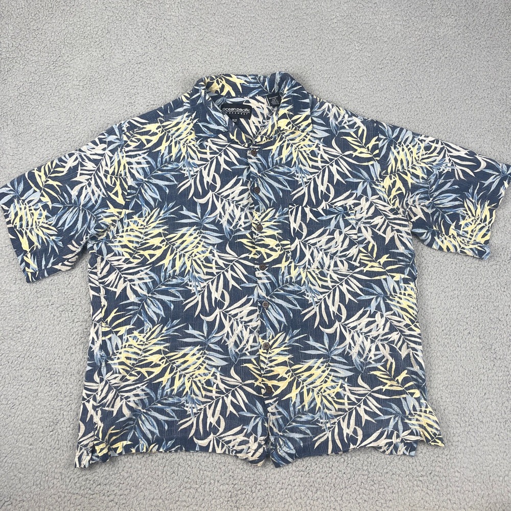 Vintage Ocean Pacific 100% Rayon Hawaiian Shirt Mens XLT Blue‎ Heavyweight Camp